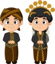 Cartoon Indonesian couple wearing Javanese traditional clothes