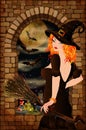 Happy Halloween greeting card with young red hair witch. vector