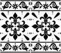 Portuguese Azulejo tile seamless vector decrative pattern with fleur de lis motif, black and white geometric design with frame or