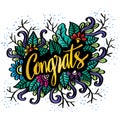 Word Congrats hand lettering typography with floral background.