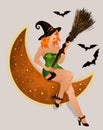 Happy Halloween red hair witch and moon. vector