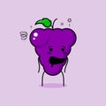 cute grape character with drunk expression and mouth open. green and purple