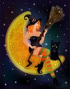 Halloween moon_ black cat , red hair witch, vector