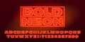 Bold Neon alphabet font. Orange neon letters and numbers.