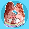 Wedding illustration of two lesbian lovers kissing. Diversity and LGBTQ wedding and relationship. Two brides hugging and holding