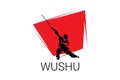 Wushu sport vector line icon. sportman, fighting stance.