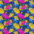 Seamless floral pattern of fashion fuchsia, jonquil color daisy flower and vivid sky blue ,avocado color daffodils flower on dark