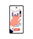 Phone application design for business charts. Flat vector illustration with hand, graph and phone app