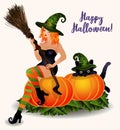 Happy Halloween background, red hair witch and black cat. vector