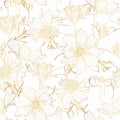 Seamless flower pattern background with golden line Cosmos flower and leaf drawing illustration. Royalty Free Stock Photo