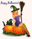 Happy Halloween greeting card, pumpkin, red hair witch and black cat