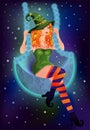 Young red hair witch swings on the moon, Happy Halloween background