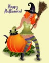 Happy Halloween vip card, pumpkin, red hair witch and black cat. vector