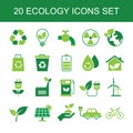 20 green ecology icon set. energy sign and symbol. conservation saving support and solution. isolated on white background. Royalty Free Stock Photo