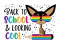 Back to school and looking cool- funny slogan with cartoon dog on pencil. Royalty Free Stock Photo