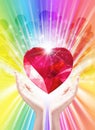 Cosmic love, universal diamond heart in hands with spark of hope, the light of faith, spiritual release Royalty Free Stock Photo