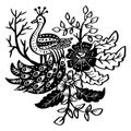 Peacock bird with flower decoration doodle ornament illustration Royalty Free Stock Photo