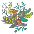 Peacock bird with flower decoration doodle ornament illustration Royalty Free Stock Photo