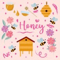 Cute honey bee set with doodle element Royalty Free Stock Photo