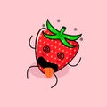 cute strawberry character with dizzy expression, rolling eyes, lie down and tongue sticking out