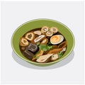 Food vector illustration Noodles with egg, crispy pork in a bowl on gray background.