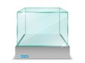 Realistic empty transparent glass box or empty glas cube box showcase or exhibit box transparent background isolated. eps vector. Royalty Free Stock Photo