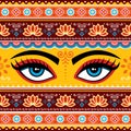 Pakistani or Indian truck art vector seamless pattern with girl`s or woman`s eyes, flowers, leaves and abstract shapes Royalty Free Stock Photo