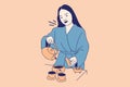 Illustrations Beautiful Young woman pours tea from a black cast iron teapot