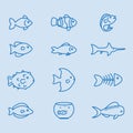 Fish icon set. fish icon. Blue lines