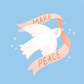 White dove biting make peace ribbon doodle vector illustration