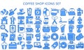 Coffee shop blue color icons set