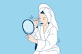 Illustrations of Beautiful young woman in bathrobe look at mirror applying cream on face as daily routine Royalty Free Stock Photo