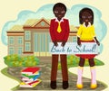 Back to school card, friend and girlfriend, boy and girl in school uniform. vector