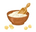 Chickpea flour in wooden bowl with spoon and beans. Vector organic food illustration