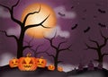 Halloween has an orange round moon. Devil\'s Pumpkin Below the Leafless Tree Gravestone and cross on the side bats Royalty Free Stock Photo