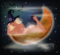 Happy Halloween card, sexual witch and moon. vector