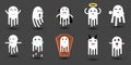 Vector image of white ghosts in various characters. There are a variety of emotions. Good mood, sad mood