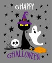 Happy Halloween - black cat in witch hat, skull and ghost and broom. Royalty Free Stock Photo