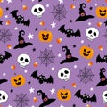 Cartoon Halloween seamless pattern. Skull, bat, pumpkin, witch hat. spider web, candy corn on purple background. Royalty Free Stock Photo