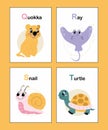 Educational animal alphabet cards Q to T. Quokka, Ray, Snail, Turtle.Colorful childish vector illustrations with letters. Royalty Free Stock Photo