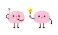 Cute funny cartoon human brain character with question mark and idea lightbulb, Vector illustration kawaii icon design Isolated Royalty Free Stock Photo