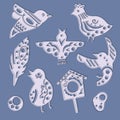 Vector birds, feathers and birdhouses in the popular Scandinavian doodle style.