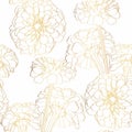 Seamless flower pattern background with golden line zinnia flower and leaf drawing illustration. Royalty Free Stock Photo