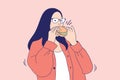 Illustrations Beautiful young woman happy eating chesee burger