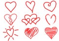 Set icon heart hand drawn style with white background. There are different shapes. Royalty Free Stock Photo