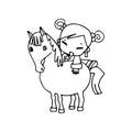 Cute happy cartoon doodle Chinese girl riding a horse, child drawing sketch, children character isolated Vector Illustration Royalty Free Stock Photo