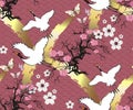 PrintSeamless pattern in Japanese style. Cranes, butterflies, sakura flowers. Royalty Free Stock Photo