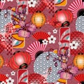 Seamless pattern in Japanese style. Fans, lanterns, butterflies, sakura flowers. Royalty Free Stock Photo