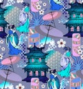 Seamless pattern in Japanese style. Cranes, butterflies, sakura flowers. Royalty Free Stock Photo