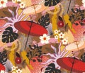 Seamless pattern in Japanese style. Fans, lanterns, butterflies, sakura flowers. Royalty Free Stock Photo